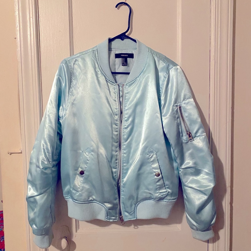 Powder blue bomber jacket. Super pretty for spring